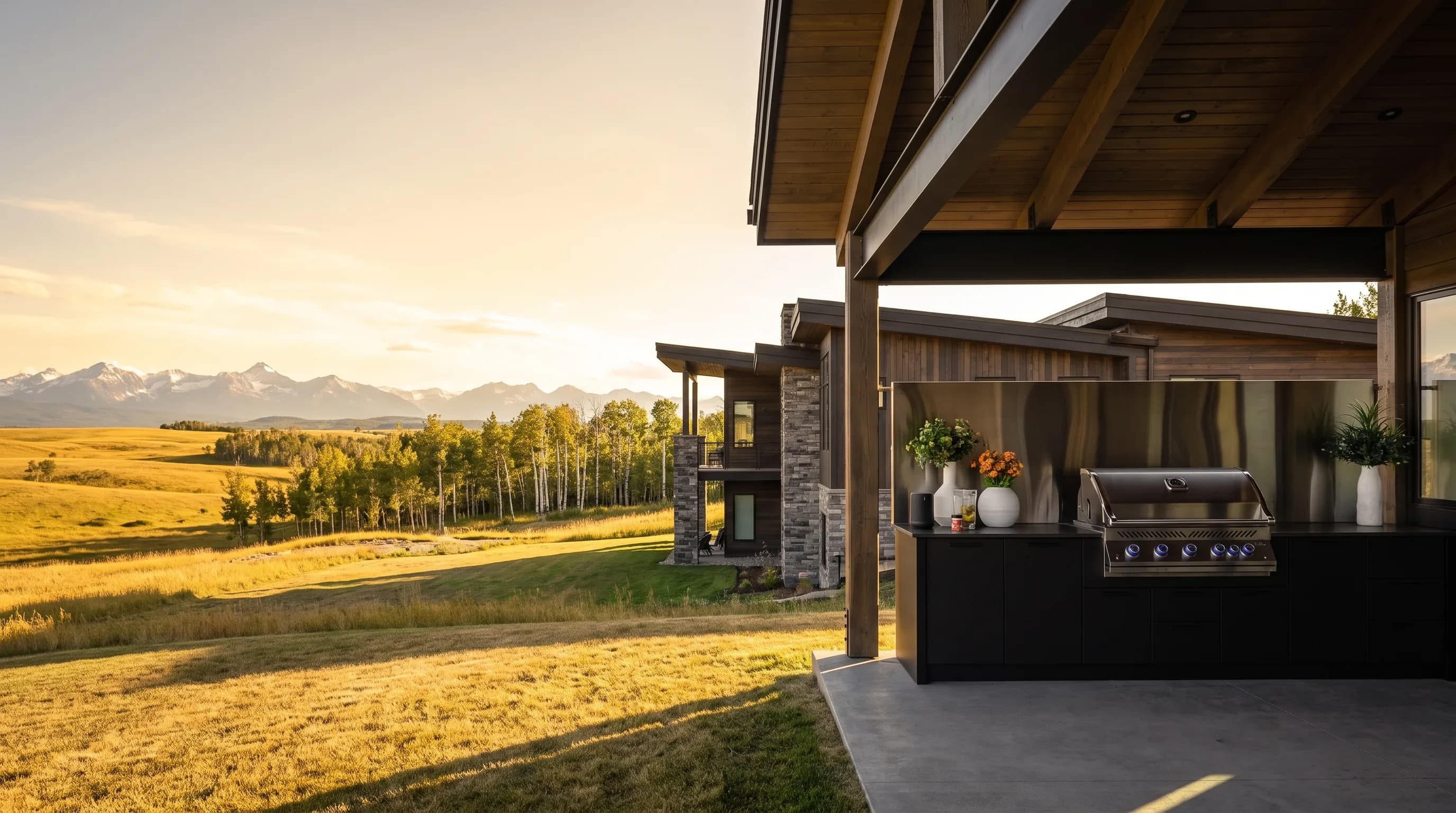 Matte black outdoor kitchen under a timber roof on an Alberta foothills acreage, Rocky Mountains on the horizon at golden hour