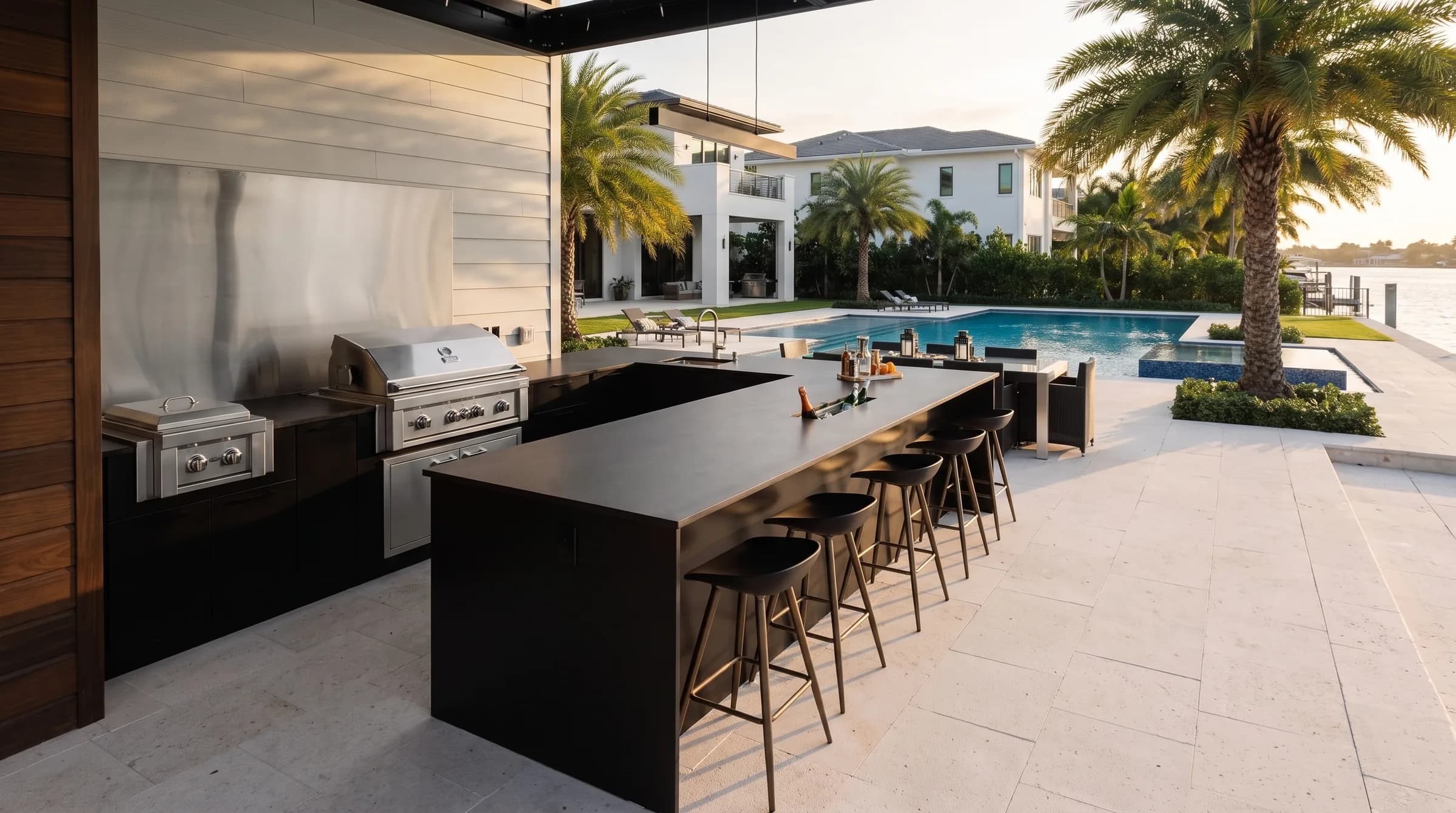 A large outdoor kitchen with bar seating on a waterfront terrace